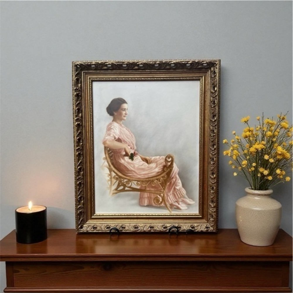 Vintage Style Portrait in Ornate Gold Frame lady in pink